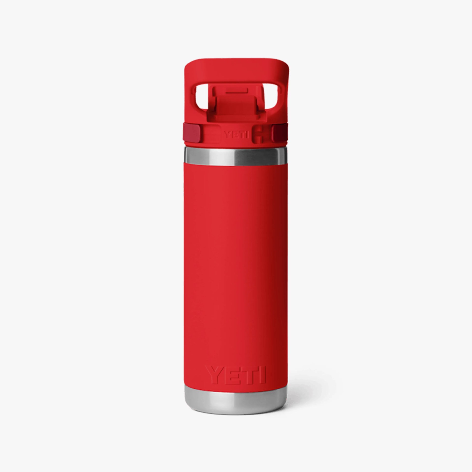 Red YETI insulated water bottle with stainless steel base and red flip-top lid with handle.