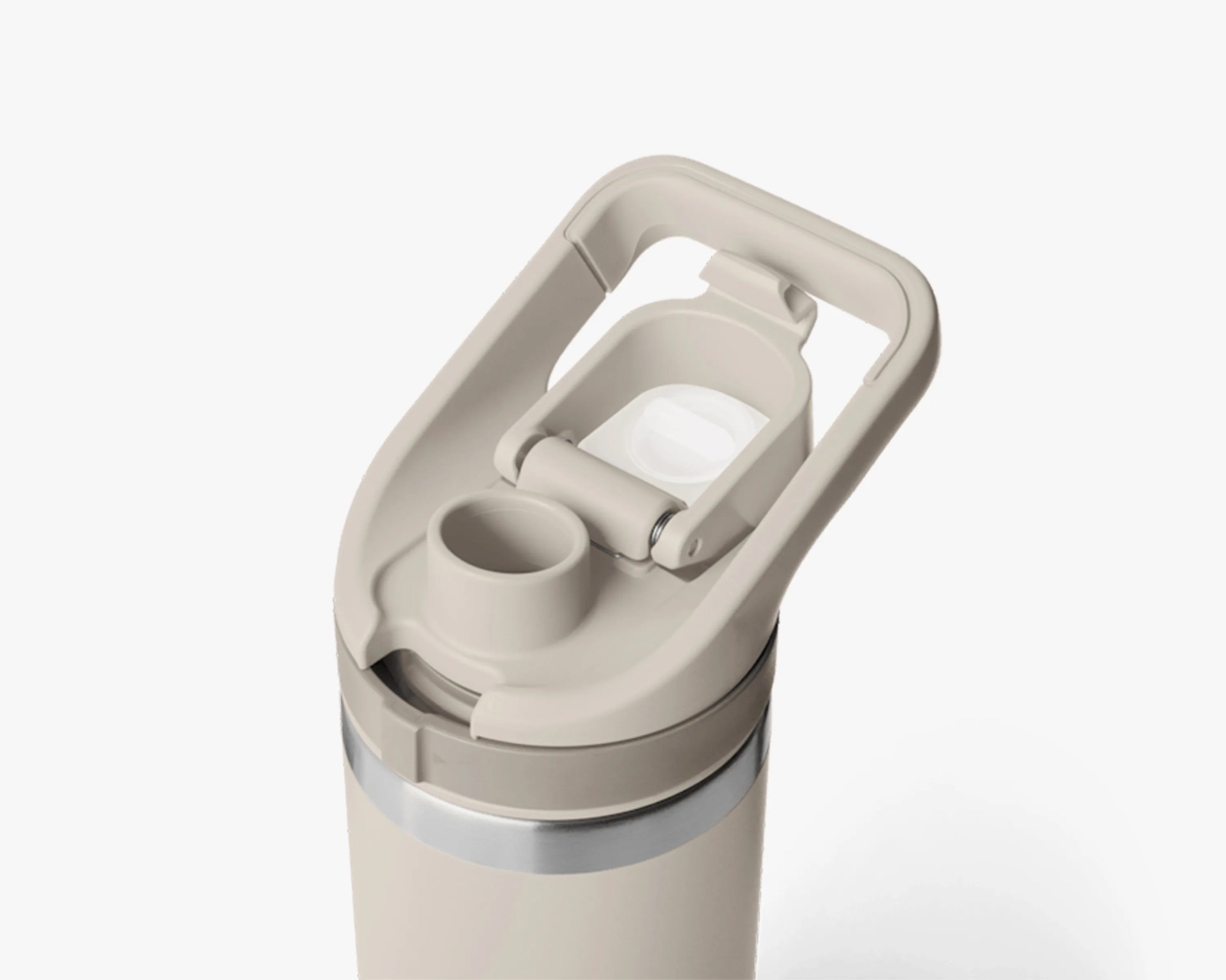 Beige insulated water bottle with a flip-top lid and a metal band near the top.