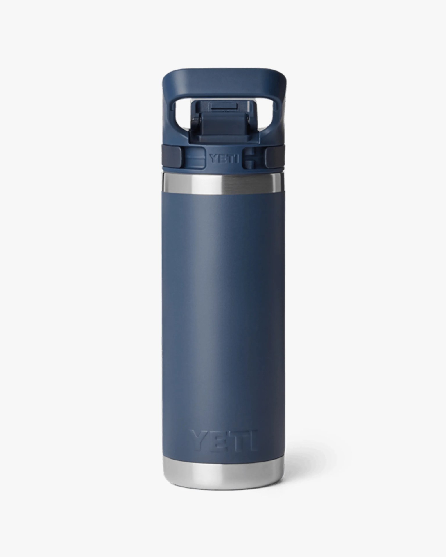 Tall navy blue YETI insulated bottle with a wide handle lid and stainless steel accents.