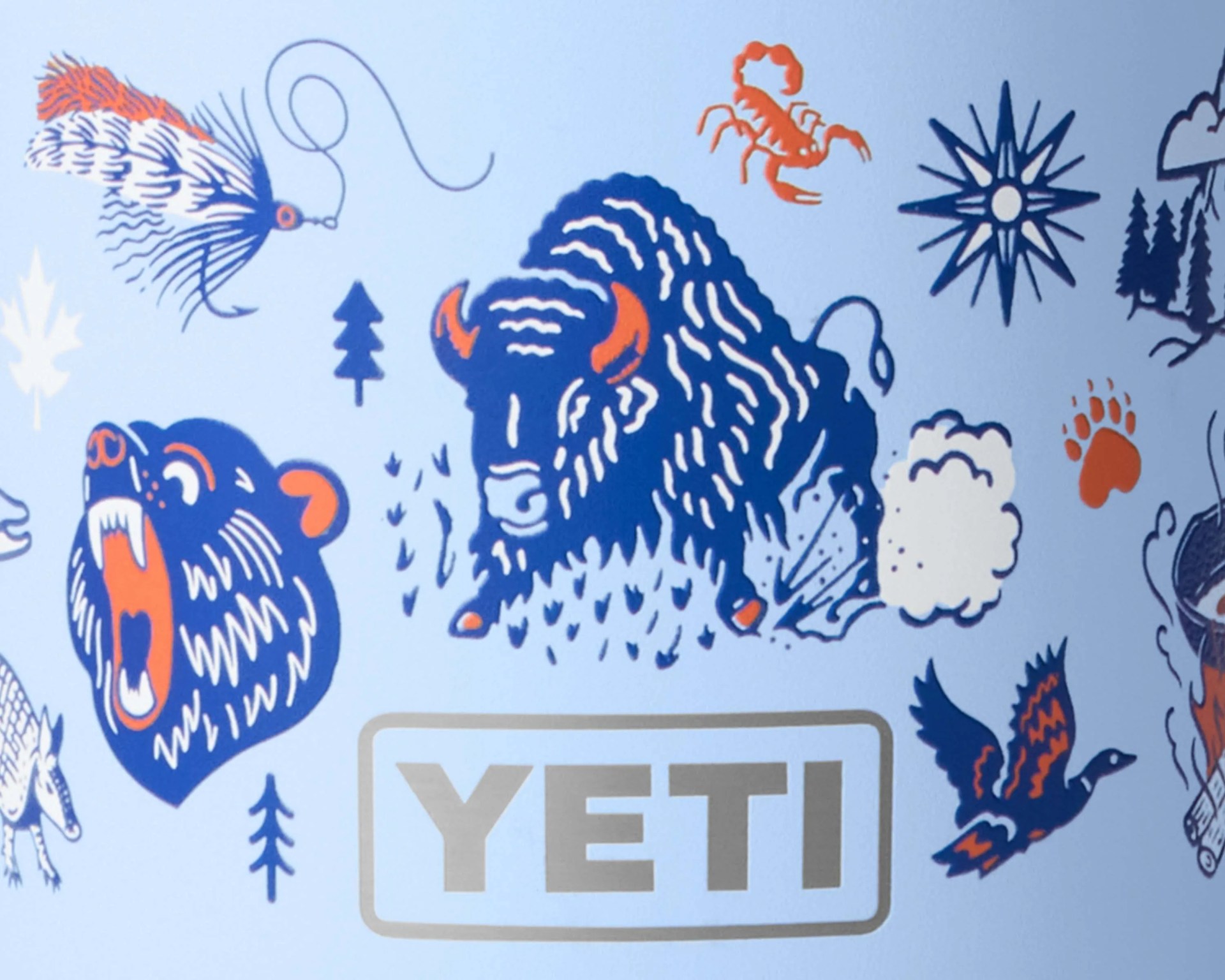 Blue and orange illustrated animals and nature icons around a gray YETI logo on a light blue background.