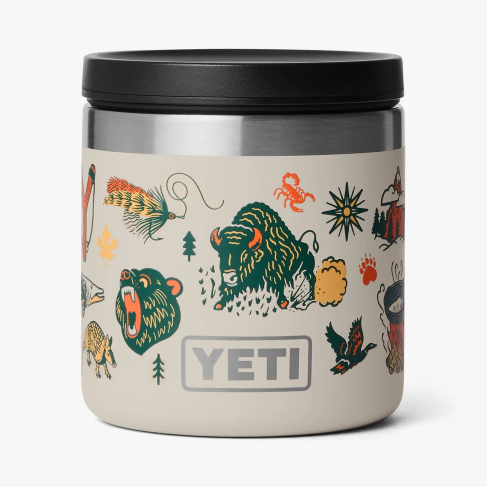 Cream-colored YETI container with black lid featuring colorful outdoor-themed illustrations including a bison, bear, and fishing lure.