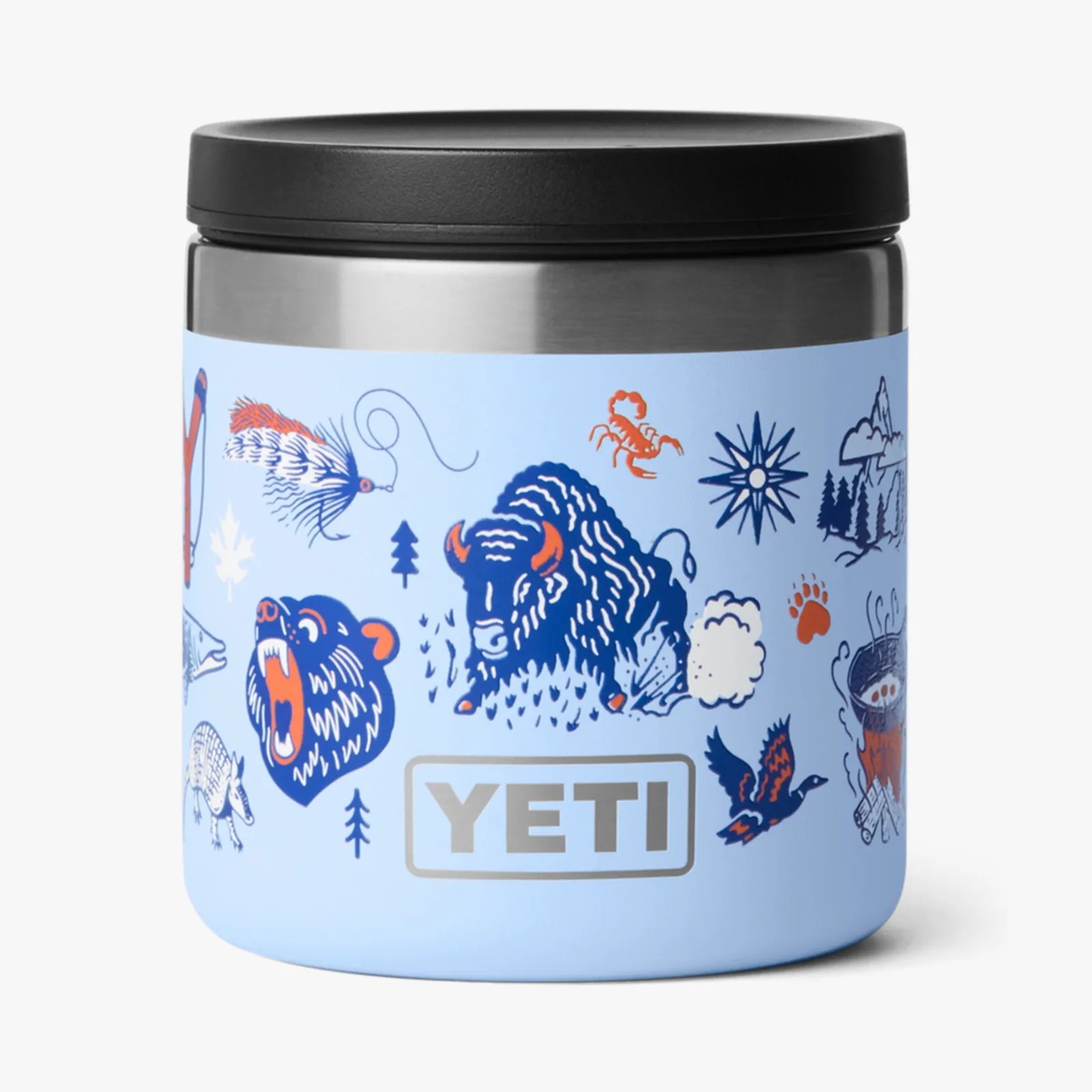 Light blue YETI container with black lid featuring colorful wildlife and nature illustrations including a bear, bison, and trees.
