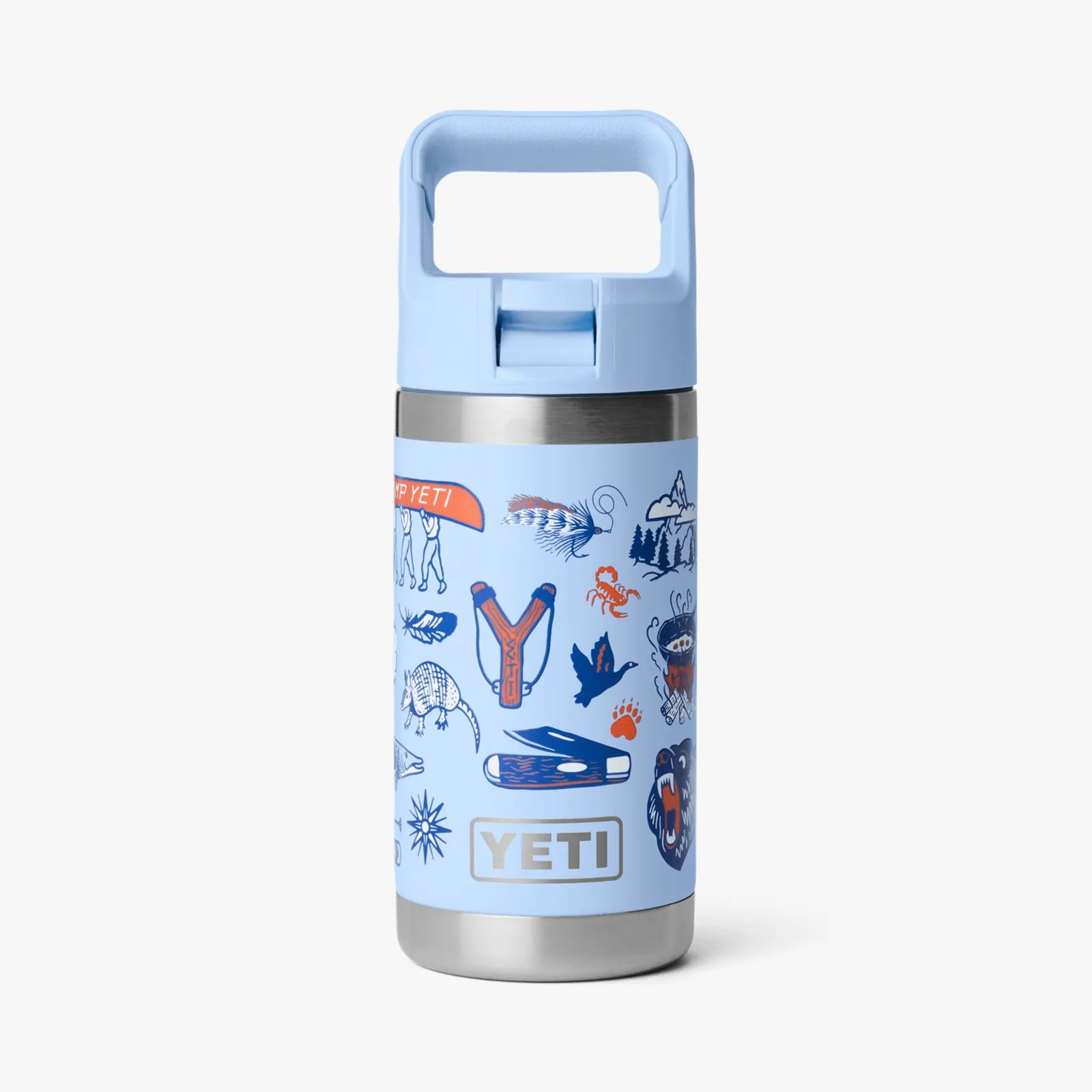 Light blue YETI insulated bottle with a wide handle lid and outdoor-themed illustrations in navy and orange.