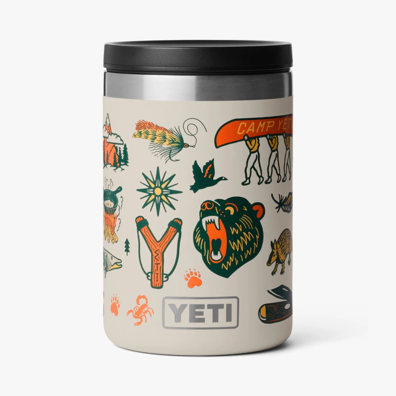 Cream-colored YETI tumbler with black lid and colorful outdoor-themed illustrations including a bear, canoe, and campfire.
