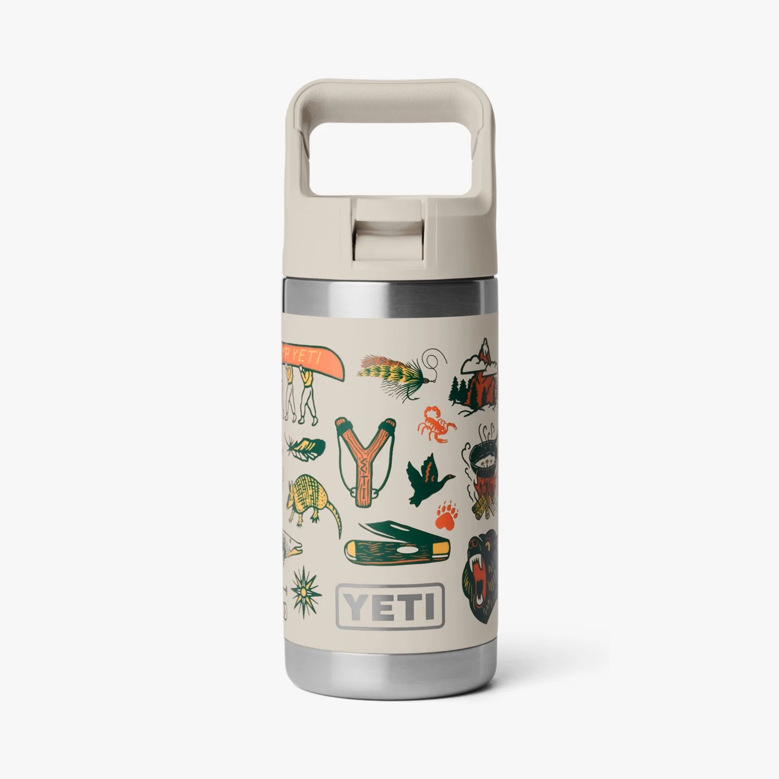 Beige YETI insulated bottle with outdoor-themed illustrations and a wide handle lid.