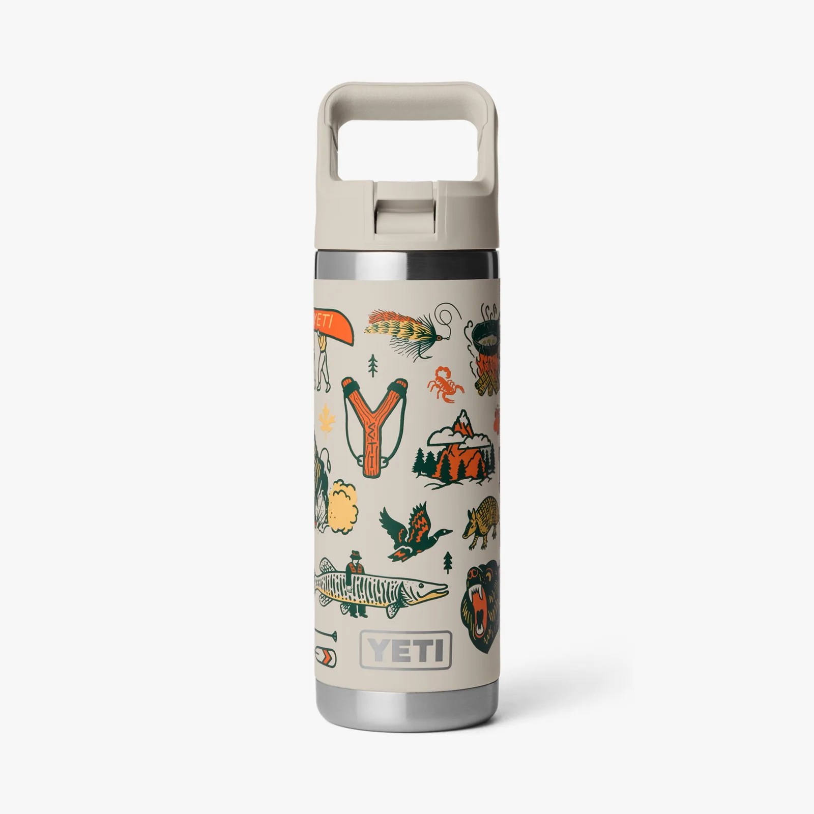 Tan YETI bottle with outdoor-themed illustrations including a fish, bear, duck, campfire, and slingshot.