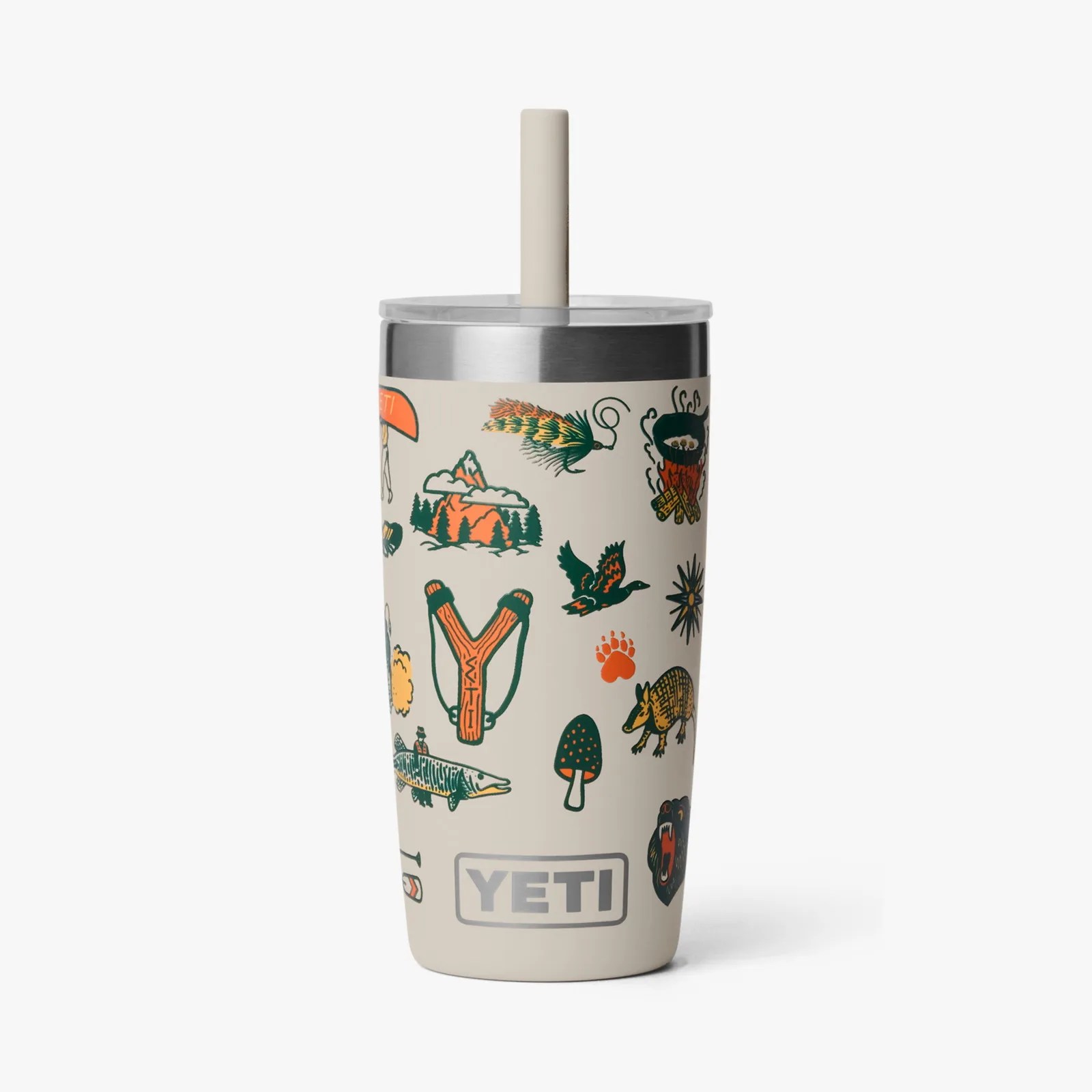 Beige YETI tumbler with colorful outdoor-themed illustrations and a clear lid with a beige straw.