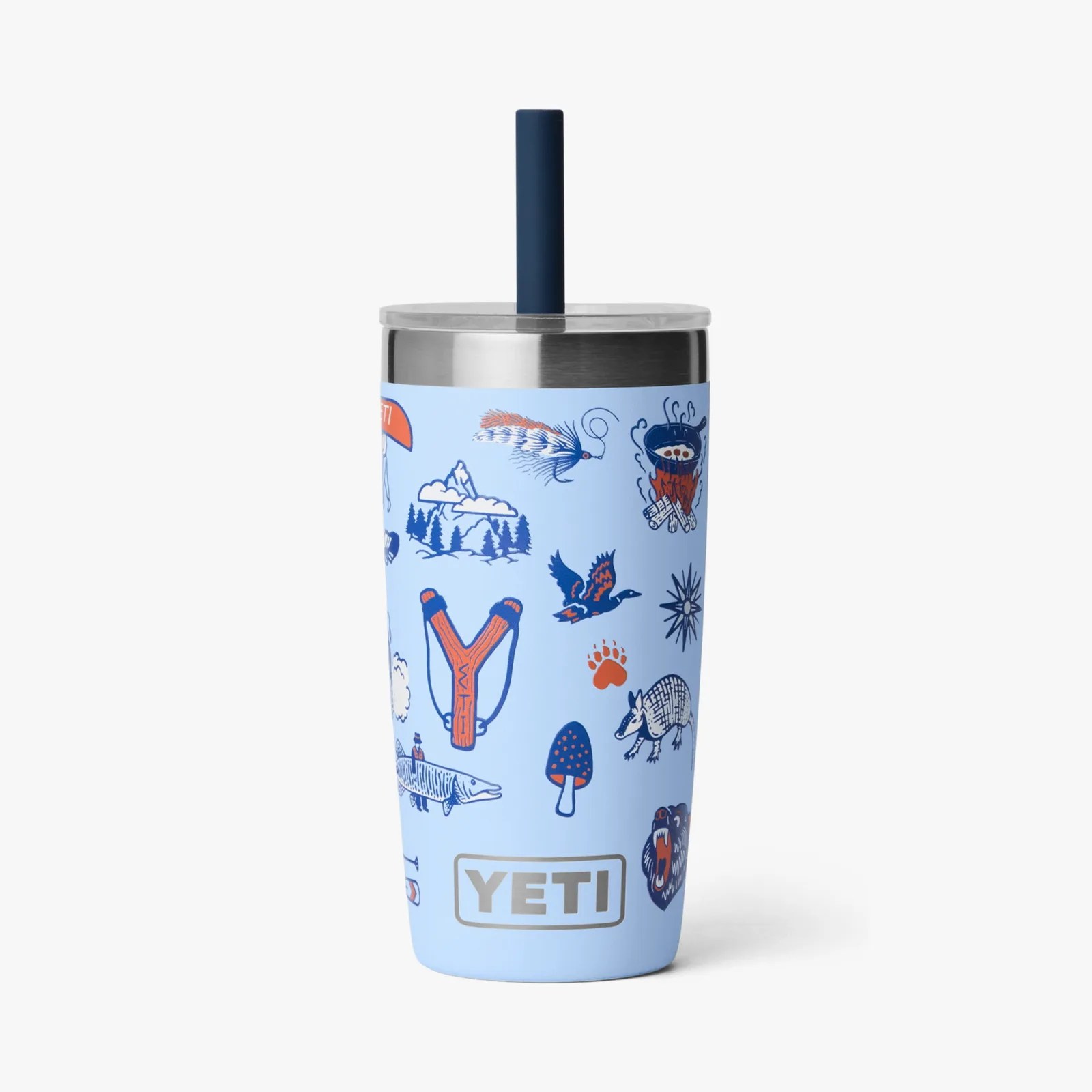 Light blue YETI tumbler with outdoor-themed illustrations and a navy blue straw.