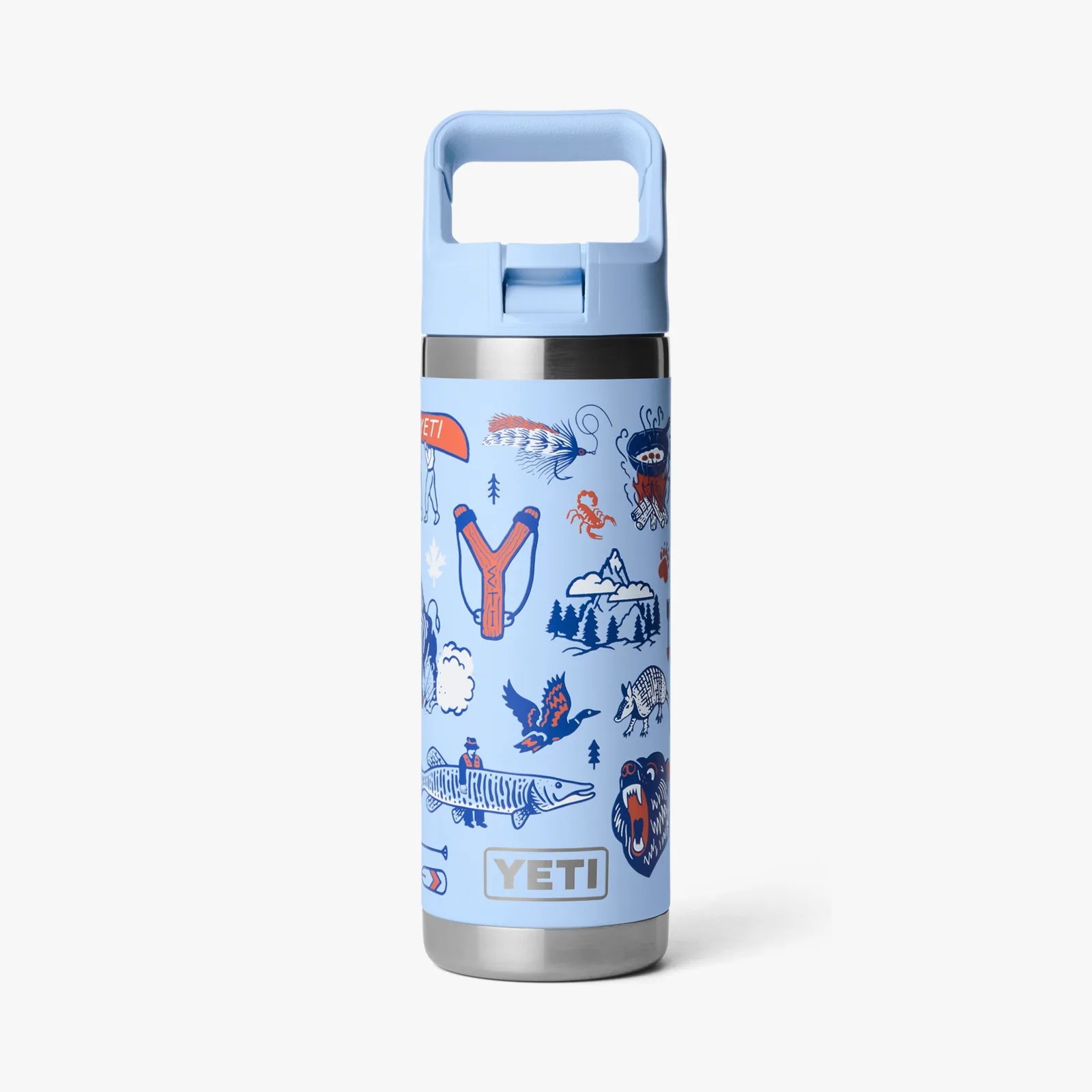 Light blue YETI insulated bottle with outdoor-themed illustrations and a light blue handle lid.