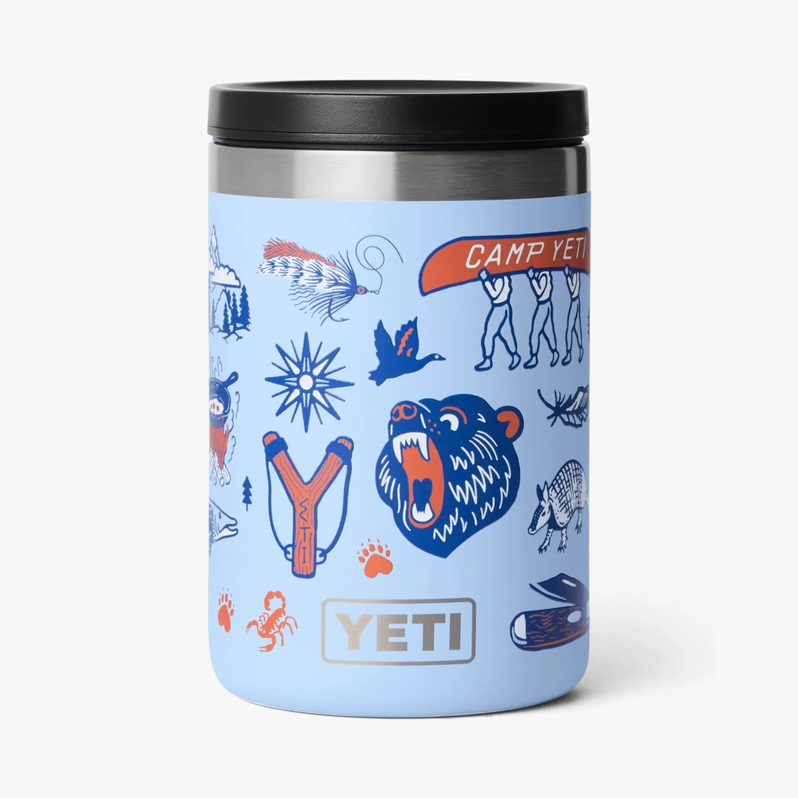 Light blue YETI tumbler with black lid and outdoor-themed illustrations including a bear, slingshot, and canoe.