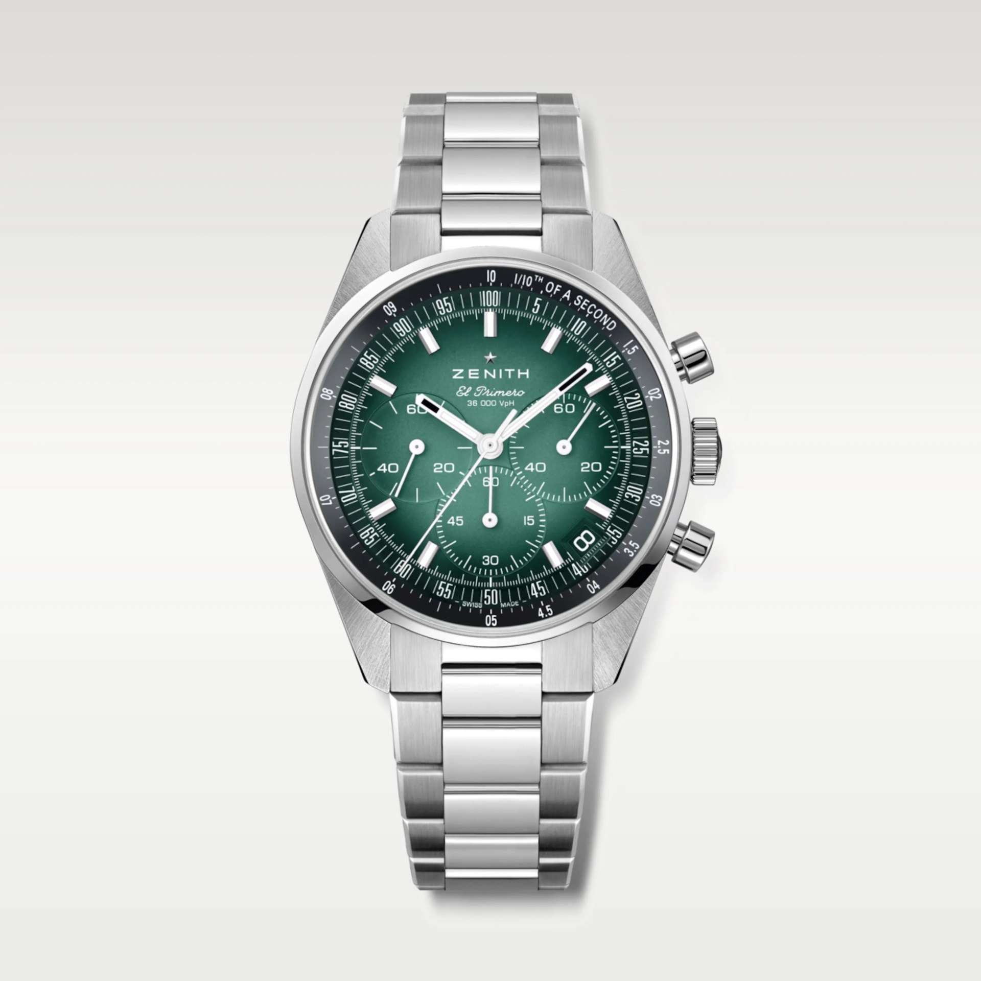 Stainless steel Zenith El Primero chronograph watch with green dial and metal bracelet.