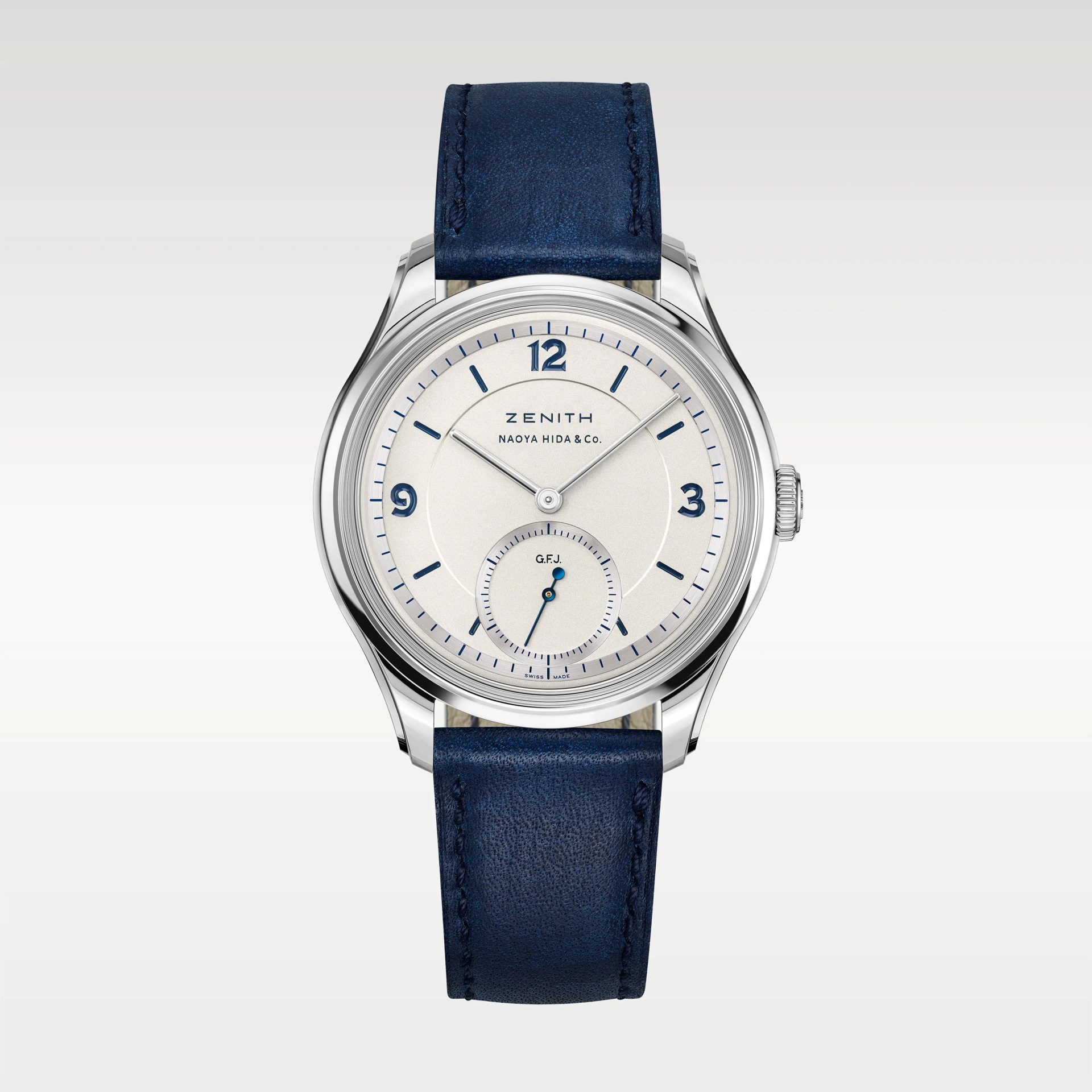 Silver Zenith wristwatch with white dial, blue numerals, and blue leather strap.