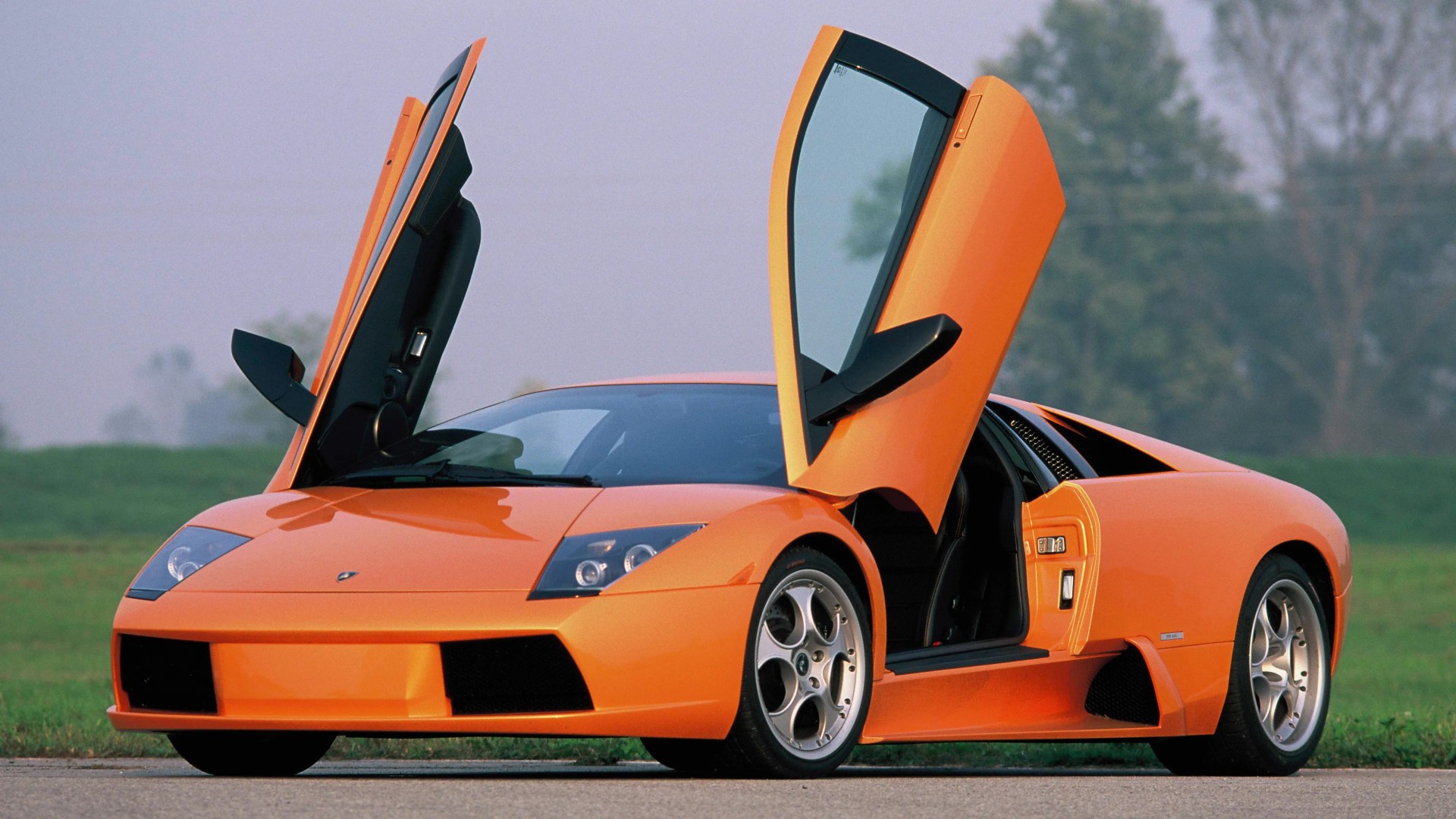Orange Lamborghini sports car with scissor doors open, parked on a road with grass and trees in the background.