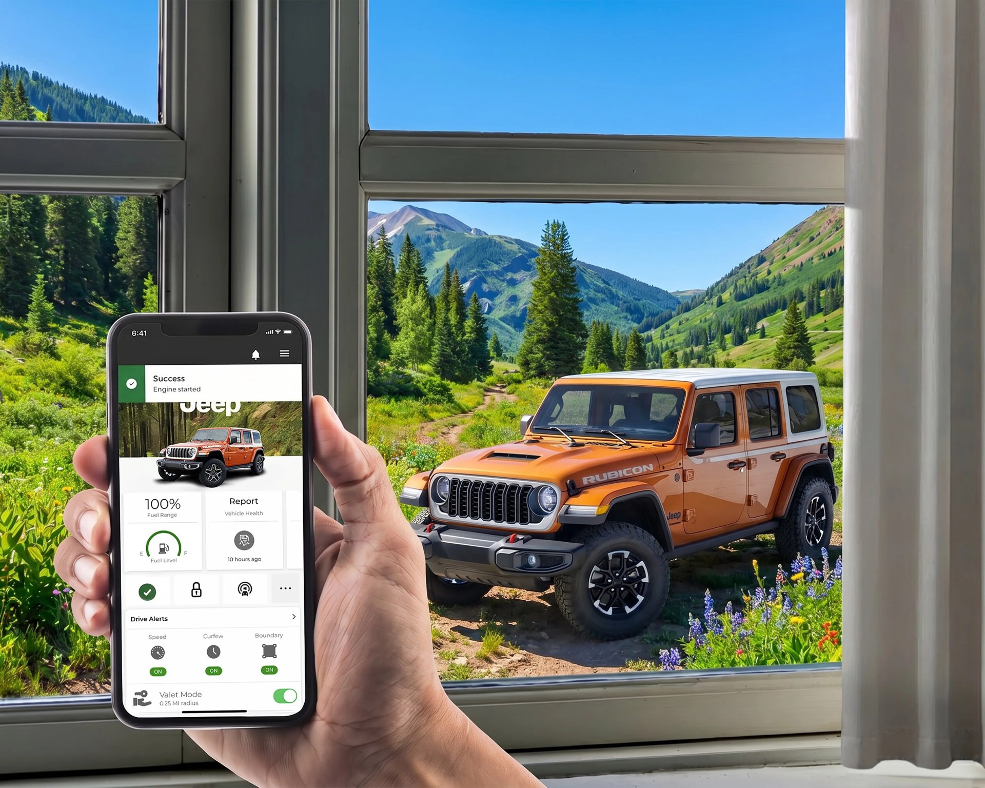 Hand holding smartphone displaying Jeep app with orange Jeep Rubicon outside window in mountainous landscape.