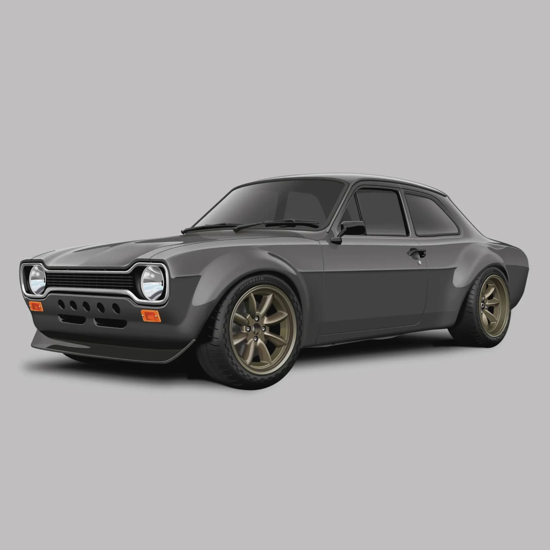 Dark gray vintage sports car with bronze alloy wheels and black-tinted windows on a gray background.