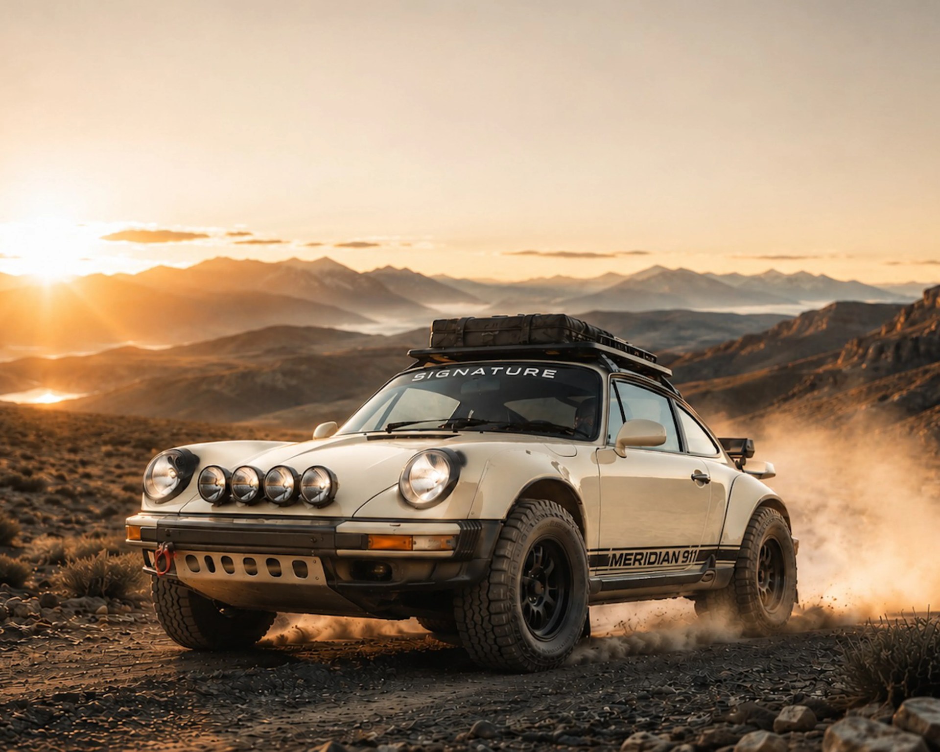 White off-road Porsche 911 with roof rack and extra front lights driving on rocky terrain at sunset.