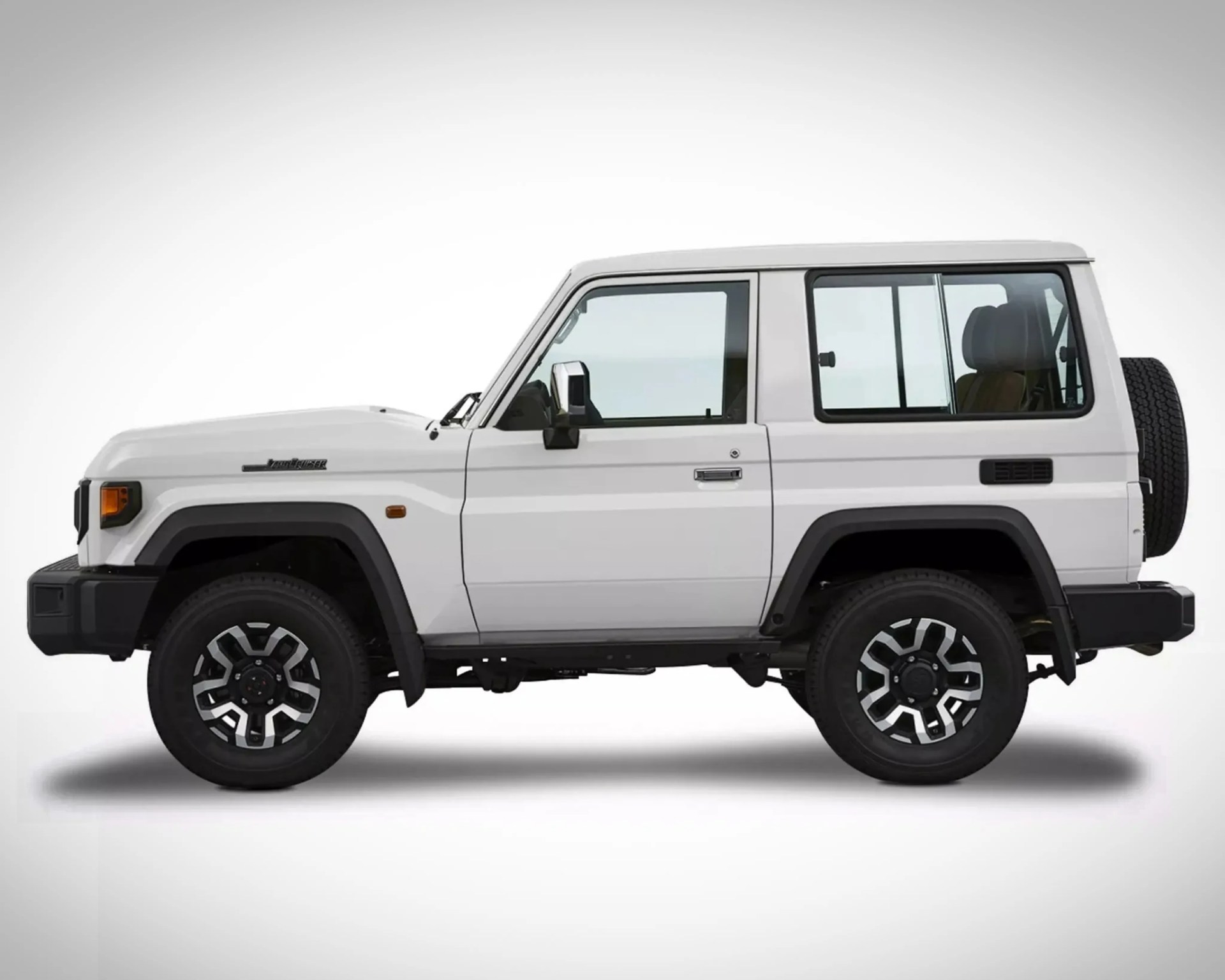 White two-door off-road SUV with black wheel arches and alloy wheels on a white background.