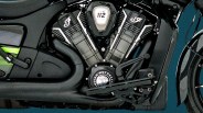 Close-up of a black Indian Motorcycle engine with "112" and "Indian Motorcycle" logos visible.