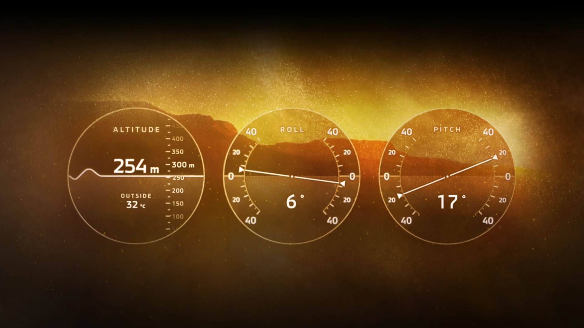 Three circular digital gauges showing altitude 254m, roll 6°, and pitch 17°, with a warm yellow-orange background.