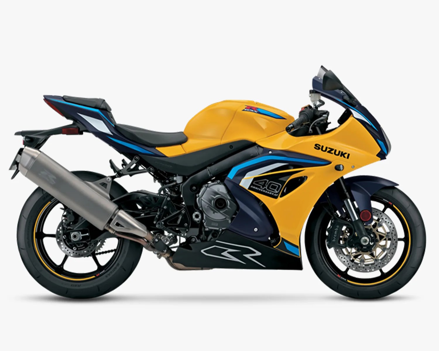 Yellow and blue Suzuki sport motorcycle with black accents and "40th Anniversary" decal.