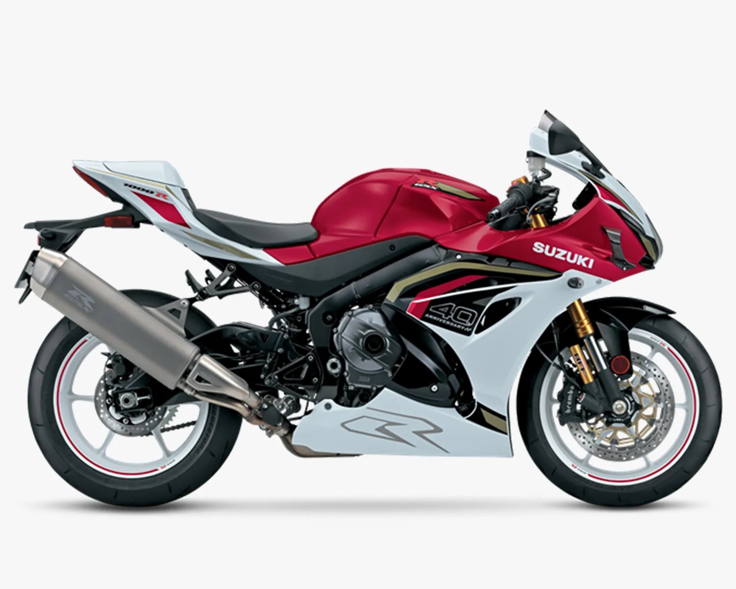 Red and white Suzuki sport motorcycle with "40th Anniversary" decal and silver exhaust on white background.