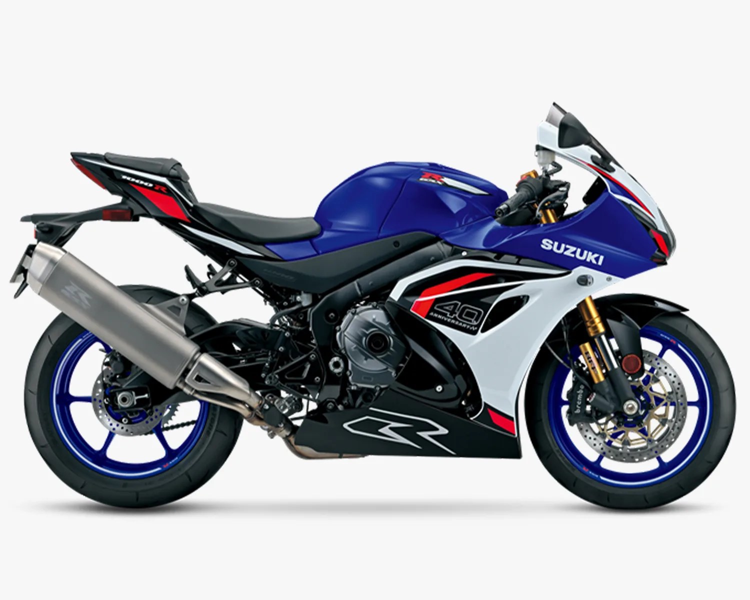Blue, white, and black Suzuki sport motorcycle with "40th Anniversary" decal and blue rims.