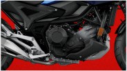 Close-up of a motorcycle engine and frame with black and silver components against a red background.