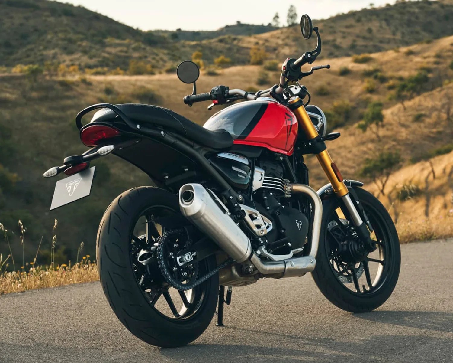 Red and black Triumph motorcycle with gold front forks parked on a road with hills in the background.