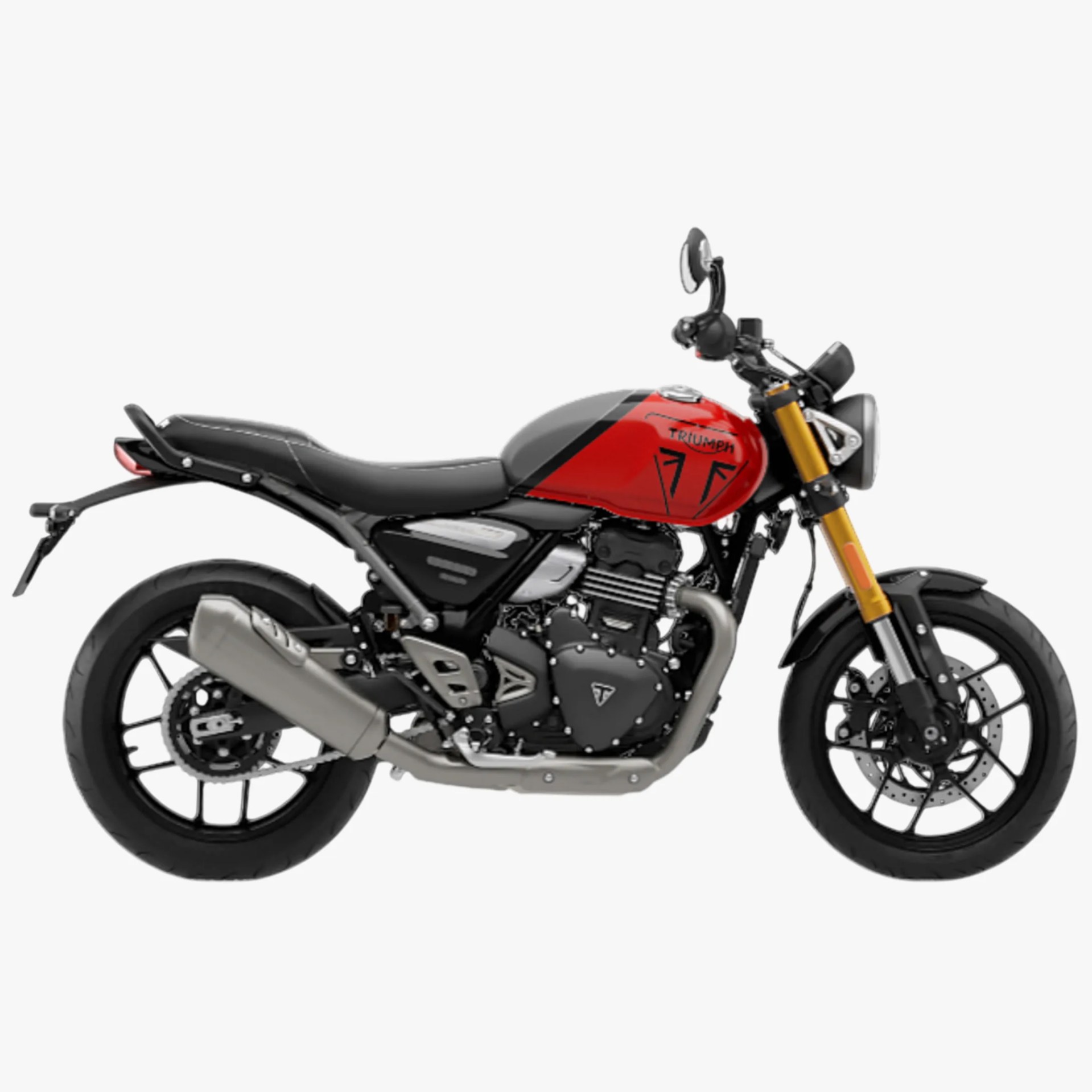 Red and gray Triumph motorcycle with black seat and gold front forks on a white background.