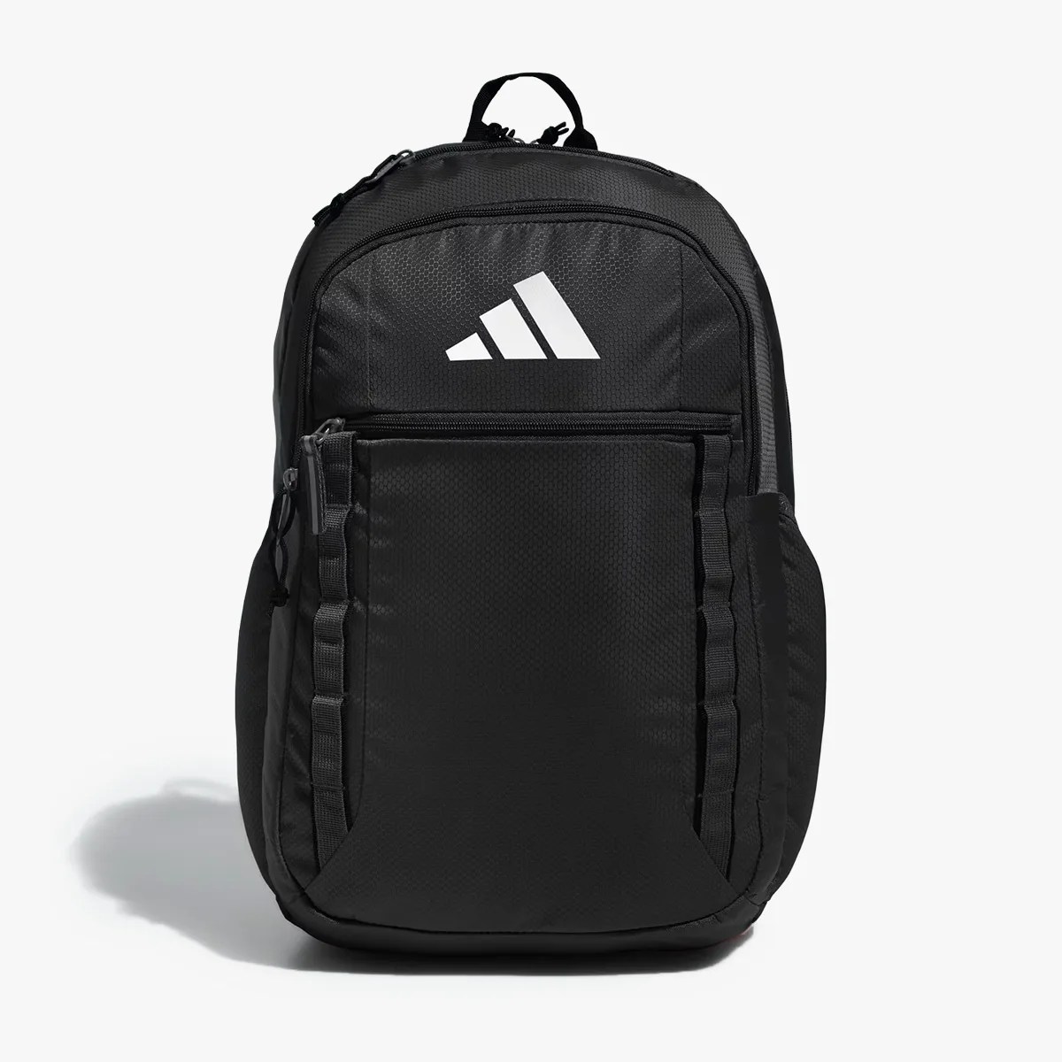 Black Adidas backpack with white logo, front zippered pocket, and side mesh pockets.