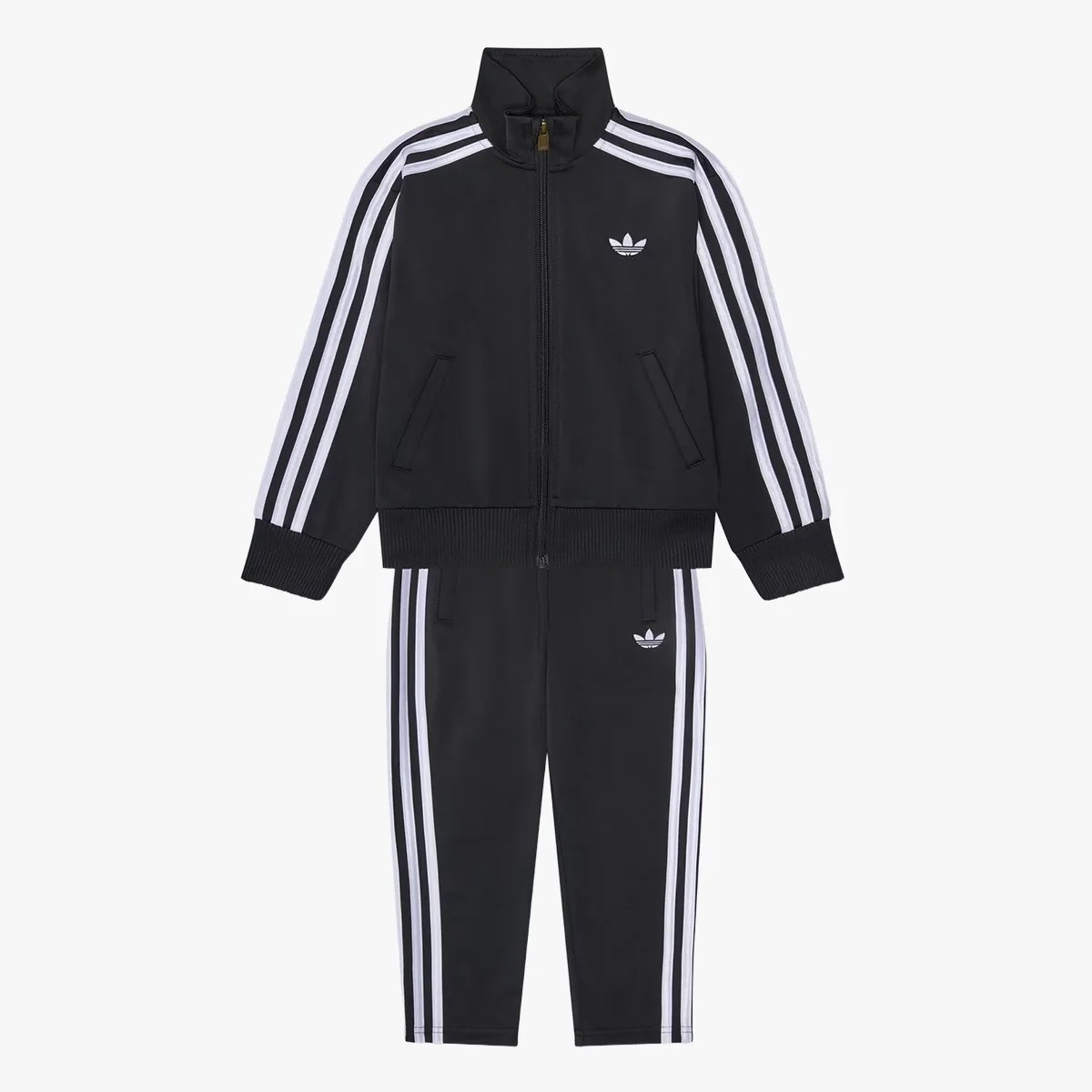 Black Adidas track jacket and pants set with white three stripes on sleeves and legs and white Adidas trefoil logos.