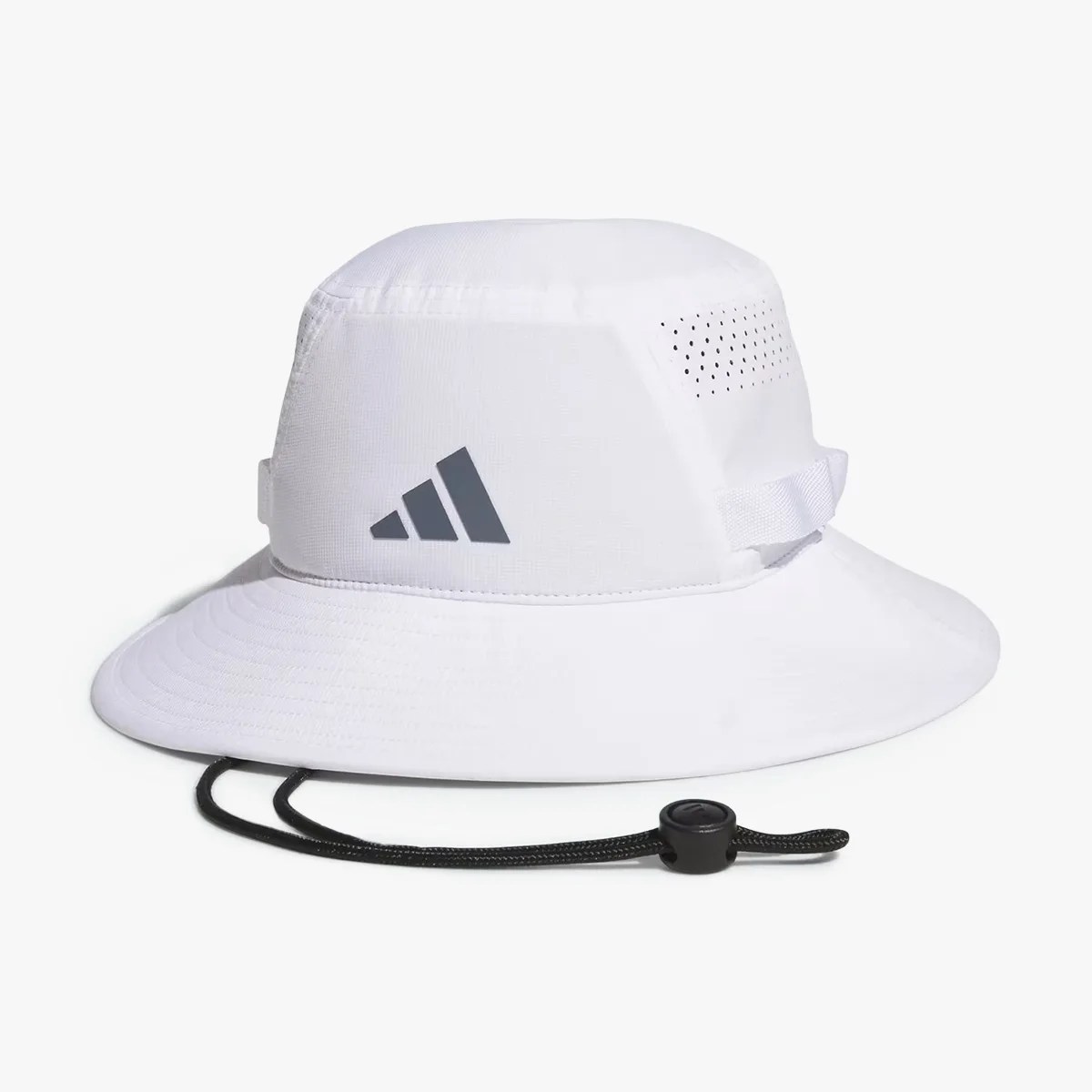 White Adidas bucket hat with ventilation holes and adjustable black chin strap.