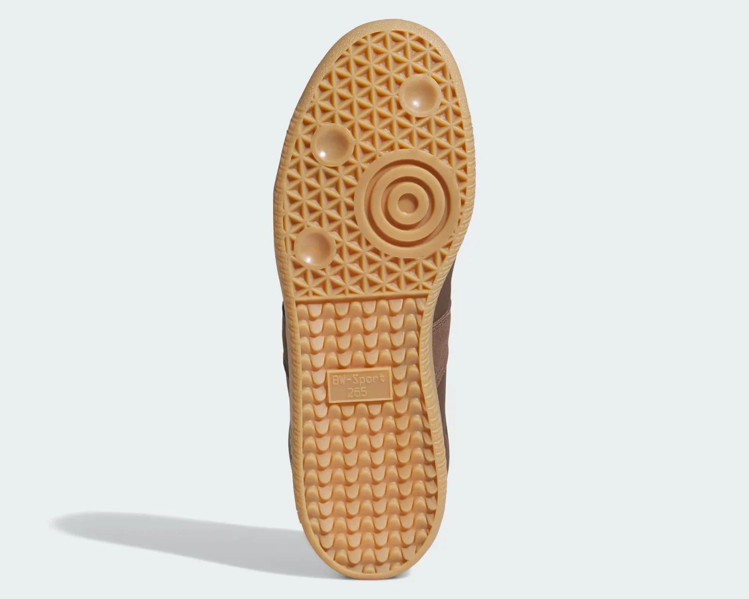 Light brown rubber shoe sole with textured grip patterns and "BW-Sport 265" embossed.