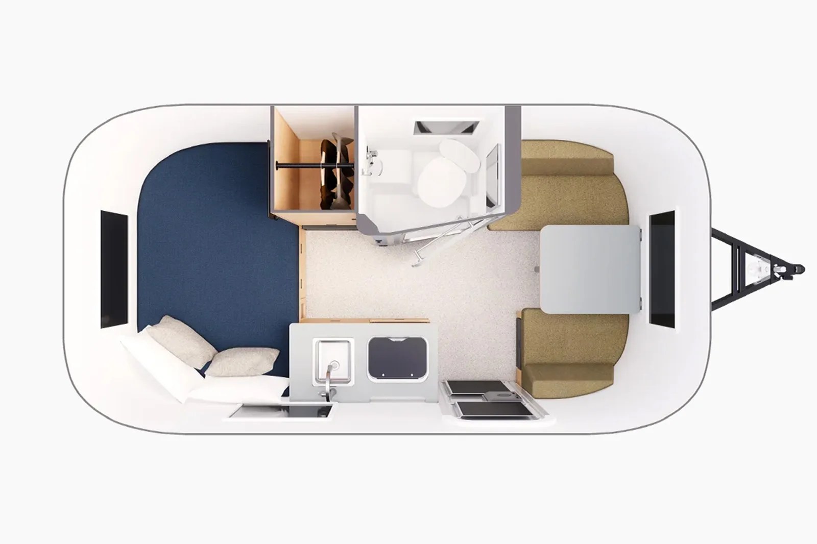 Top-down view of a compact camper interior with a blue sleeping area, small bathroom, kitchenette with sink and stove, and a tan seating area with a table.