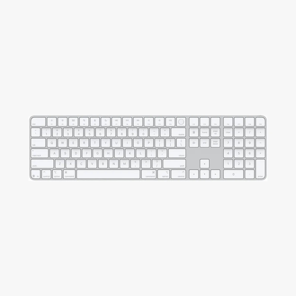 White and silver wireless keyboard with numeric keypad and function keys on a light background.