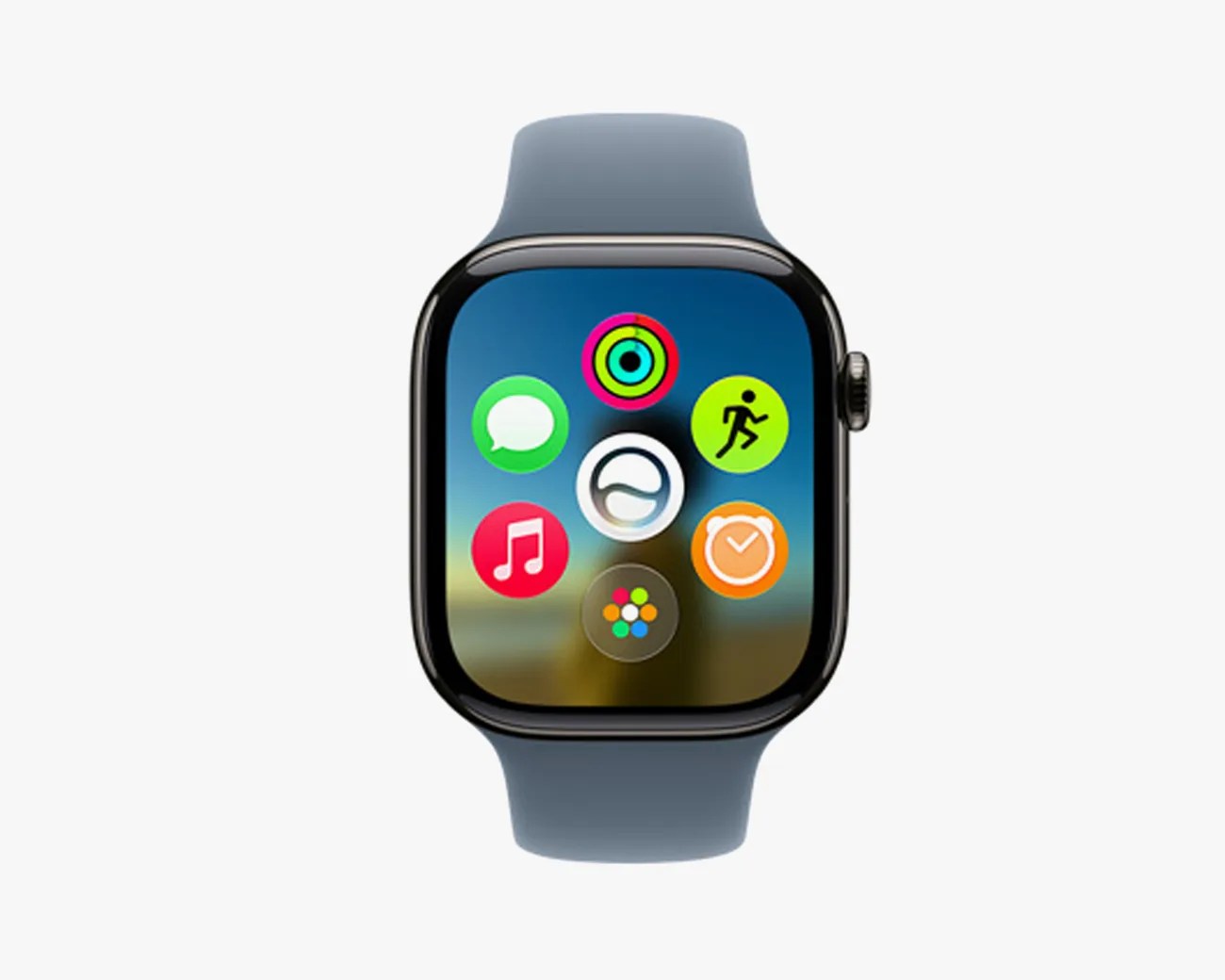 Smartwatch with a black case and blue band displaying colorful app icons on the screen.