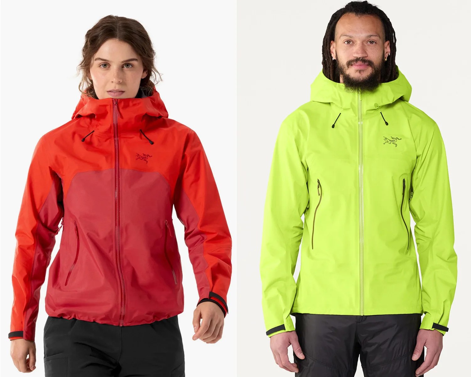 Two people wearing Arc'teryx waterproof jackets, one in red and the other in bright yellow-green, both with hoods and front zip pockets.