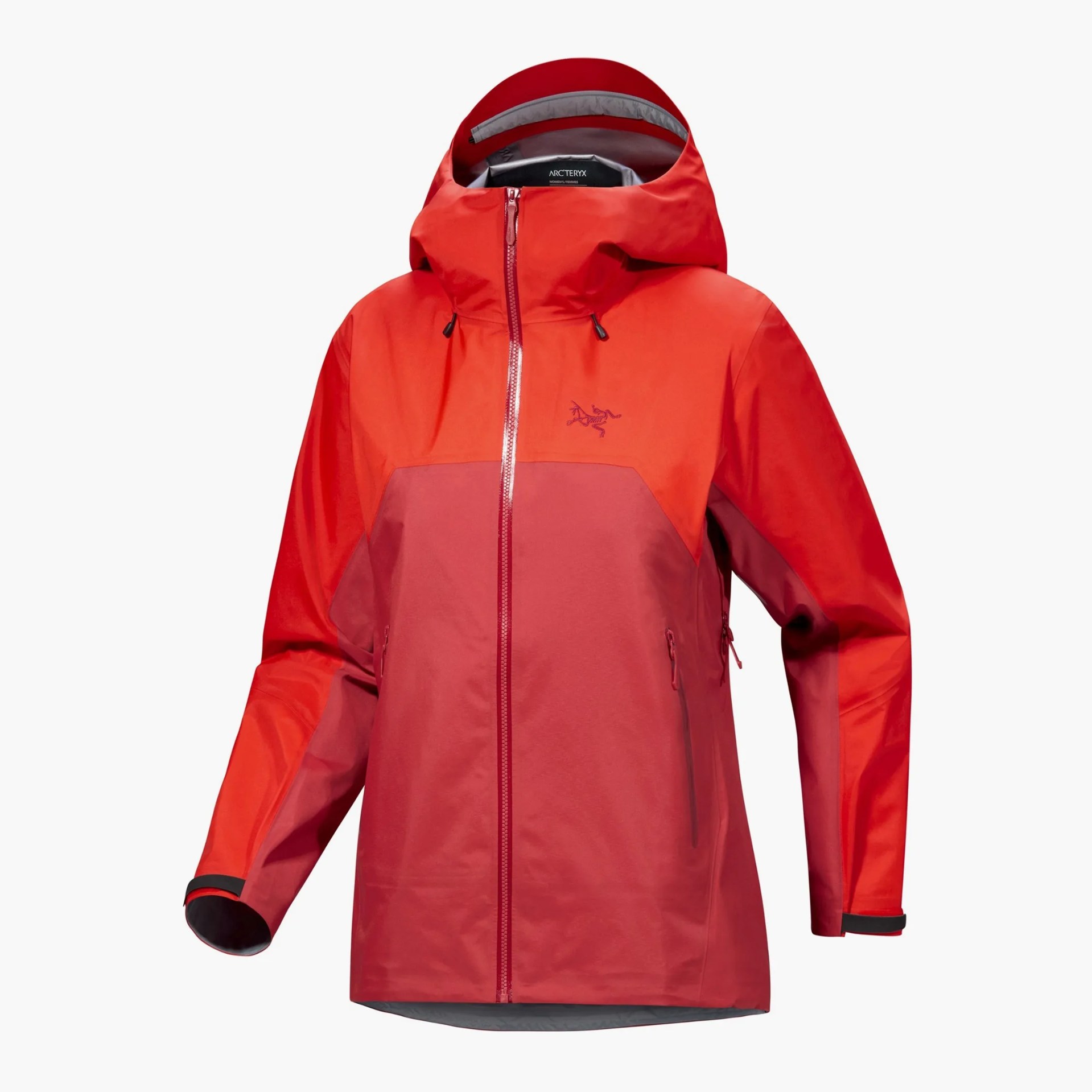 Red and dark red Arc'teryx waterproof jacket with hood and front zipper.