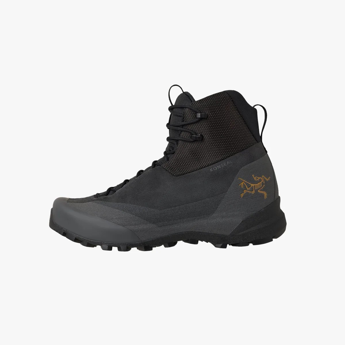 Black and dark gray high-top hiking boot with textured fabric upper and yellow skeletal logo on heel.