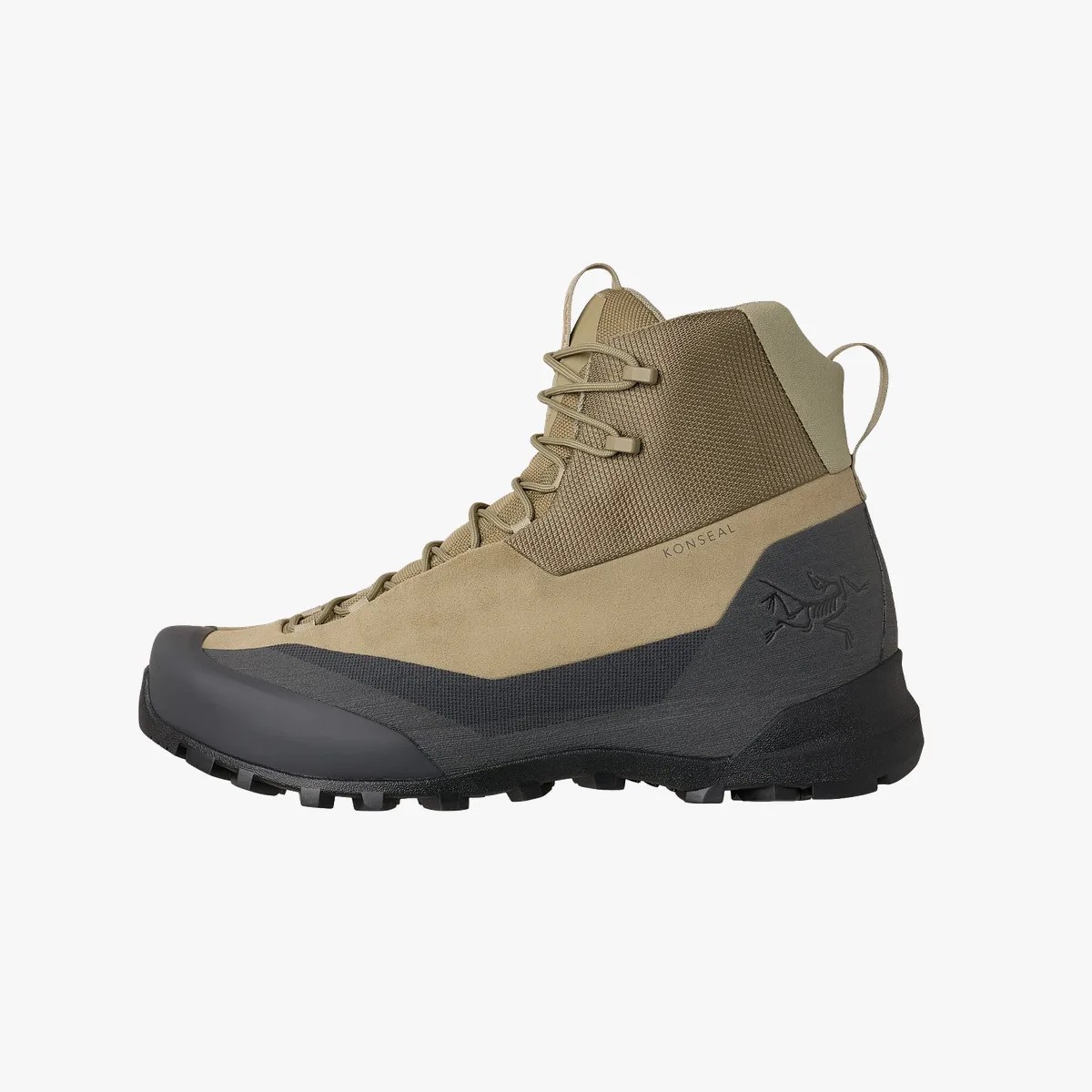 Tan and black high-top hiking boot with textured sole and pull tabs at ankle.