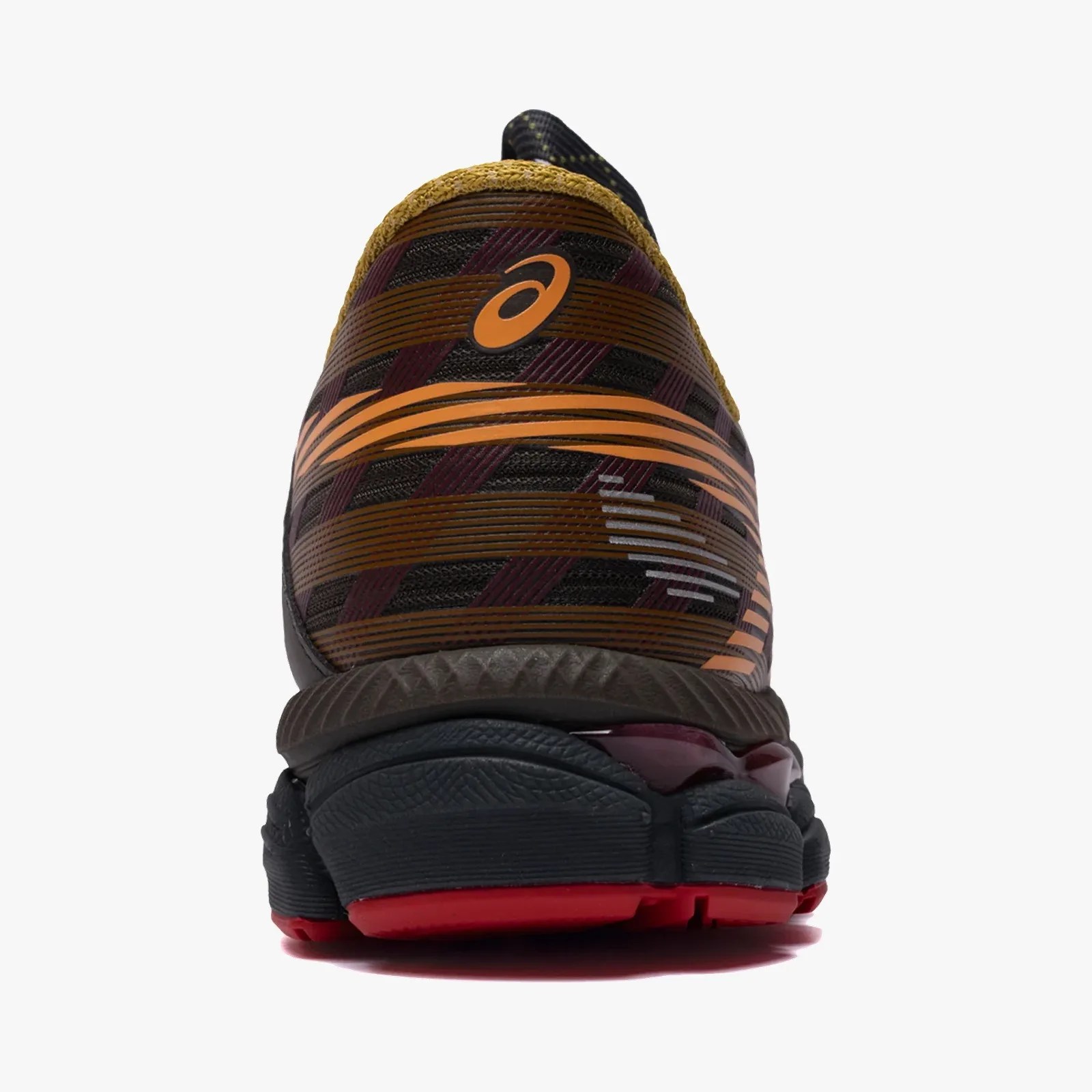 Close-up of the front of a black and brown Asics running shoe with orange stripes and a red sole.