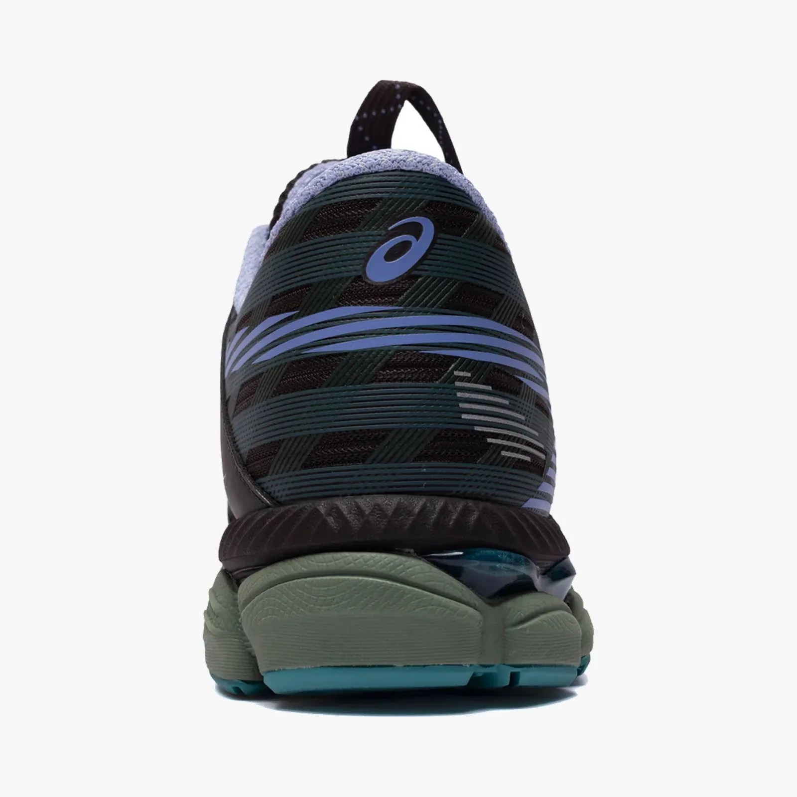 Rear view of a black and blue Asics running shoe with a green sole and heel pull tab.