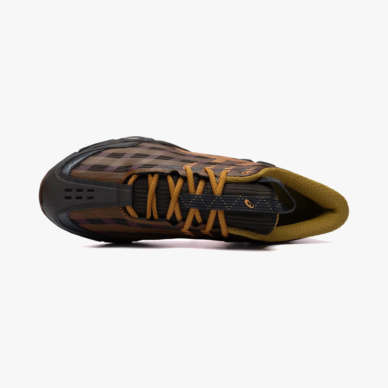 Top view of a brown and black athletic shoe with orange laces and a yellow inner lining.