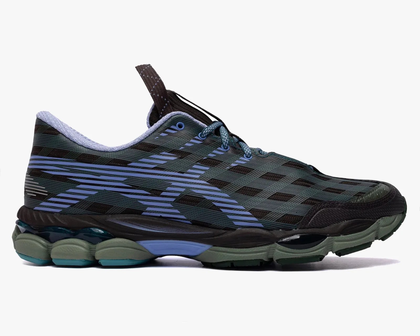 Black and dark green running shoe with blue accents and a textured sole.