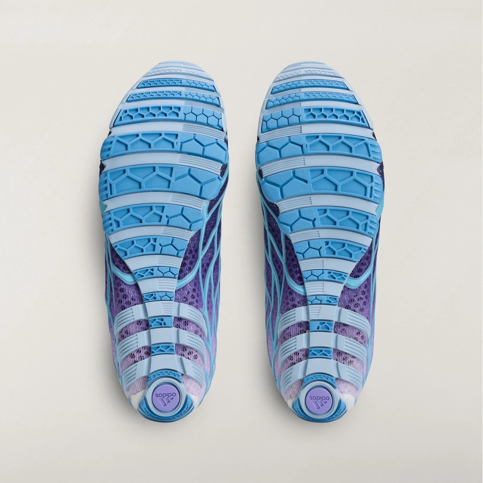 Pair of purple and blue Adidas running shoes viewed from above showing blue segmented soles.