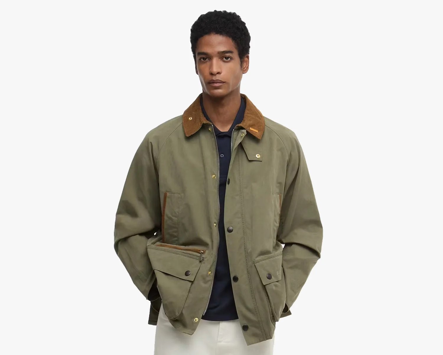 Olive green jacket with brown corduroy collar and multiple front pockets worn over a navy shirt.