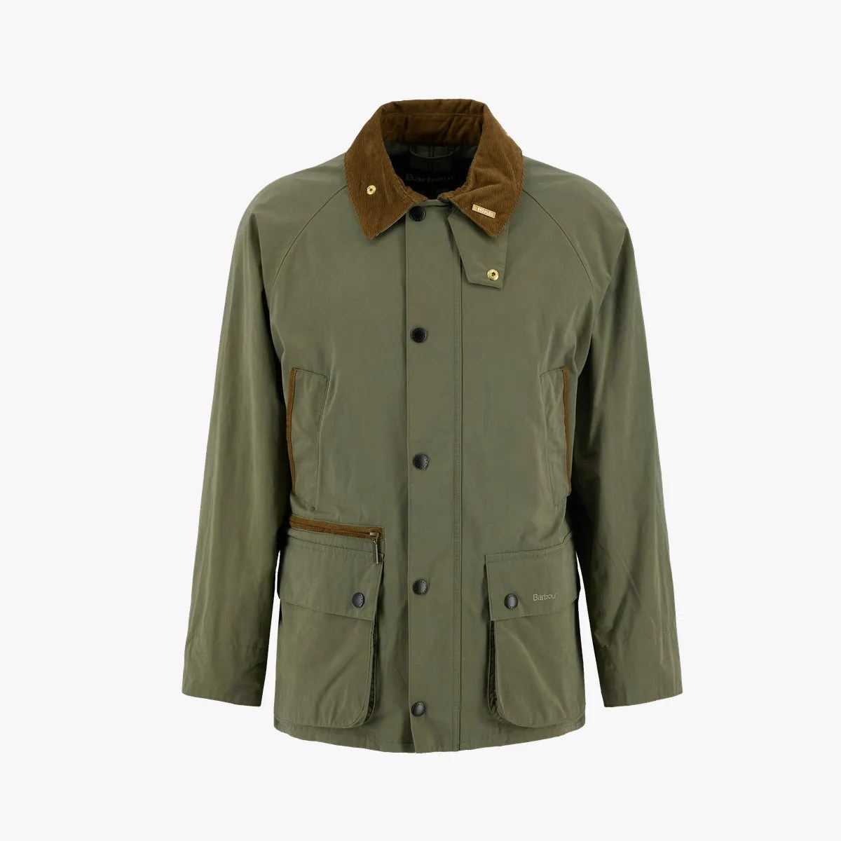 Olive green Barbour jacket with brown corduroy collar and multiple front pockets.
