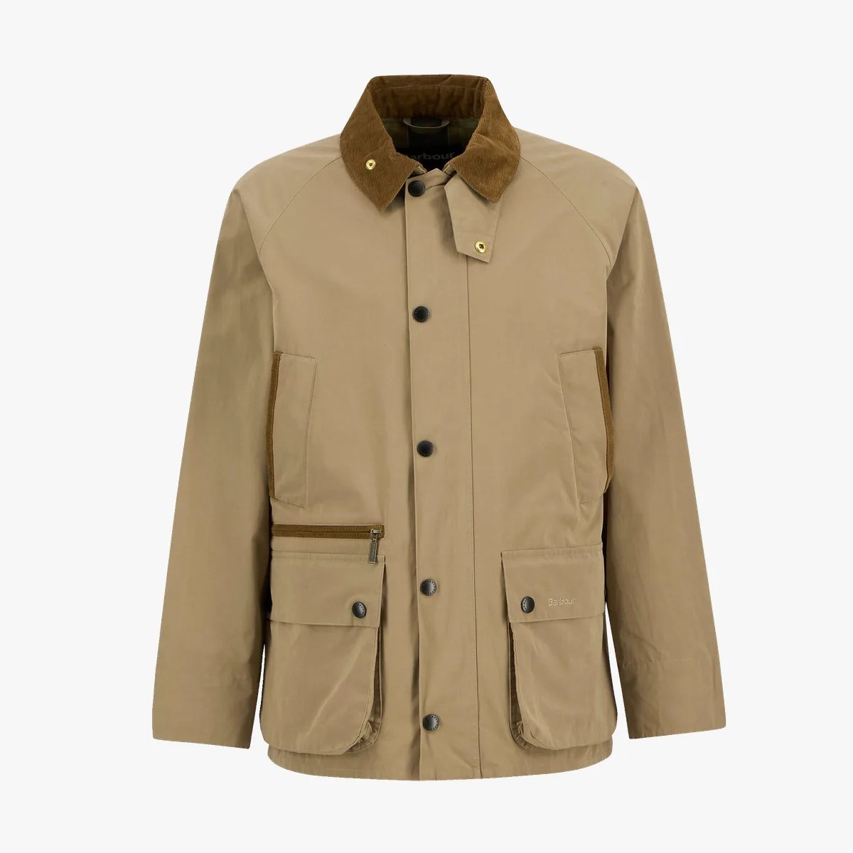 Beige jacket with brown corduroy collar, front snap buttons, and multiple pockets including a zippered one.