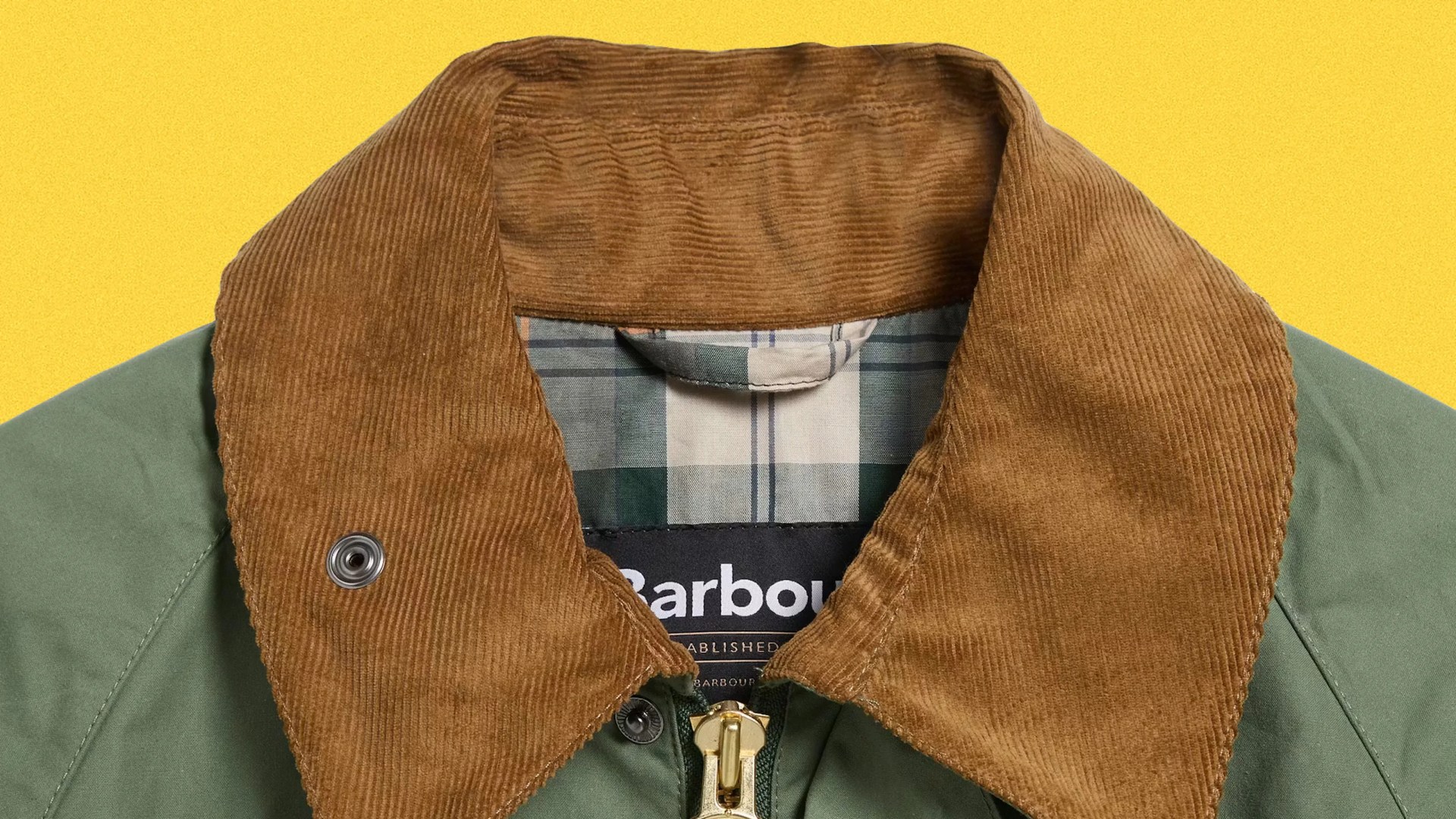 Green jacket with brown corduroy collar and plaid inner lining.