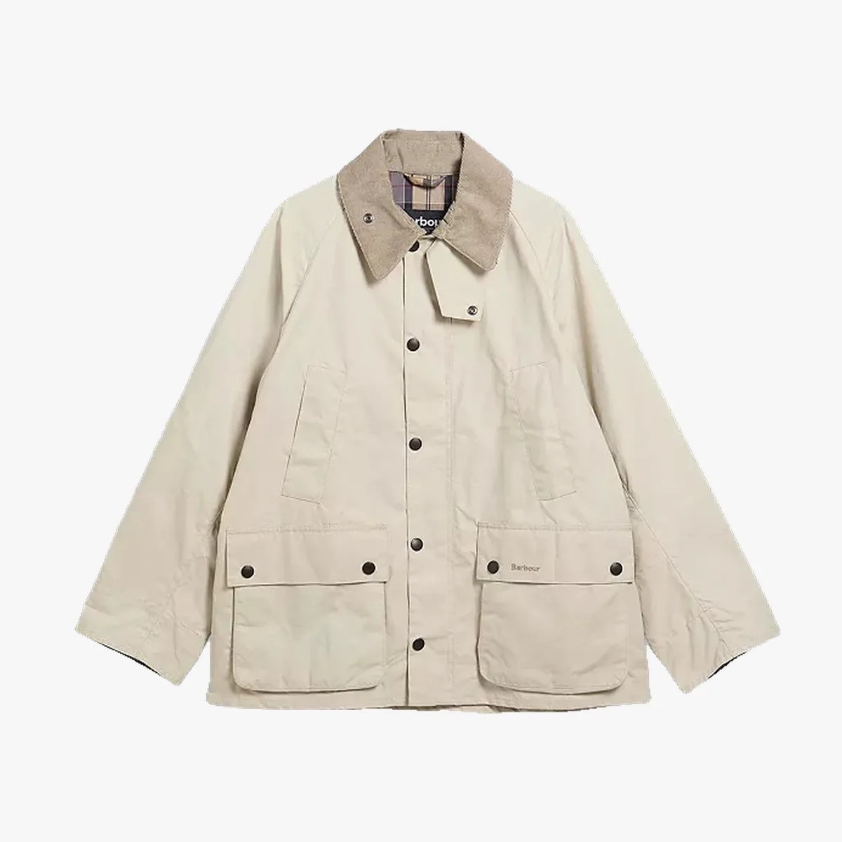Beige Barbour jacket with corduroy collar, snap button front, and large front pockets.